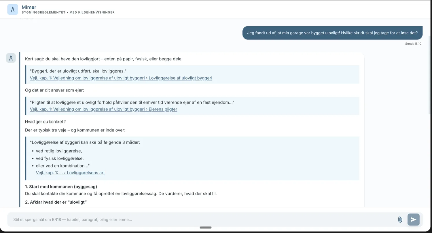 Mimer answering a practical BR18 question with cited paragraphs