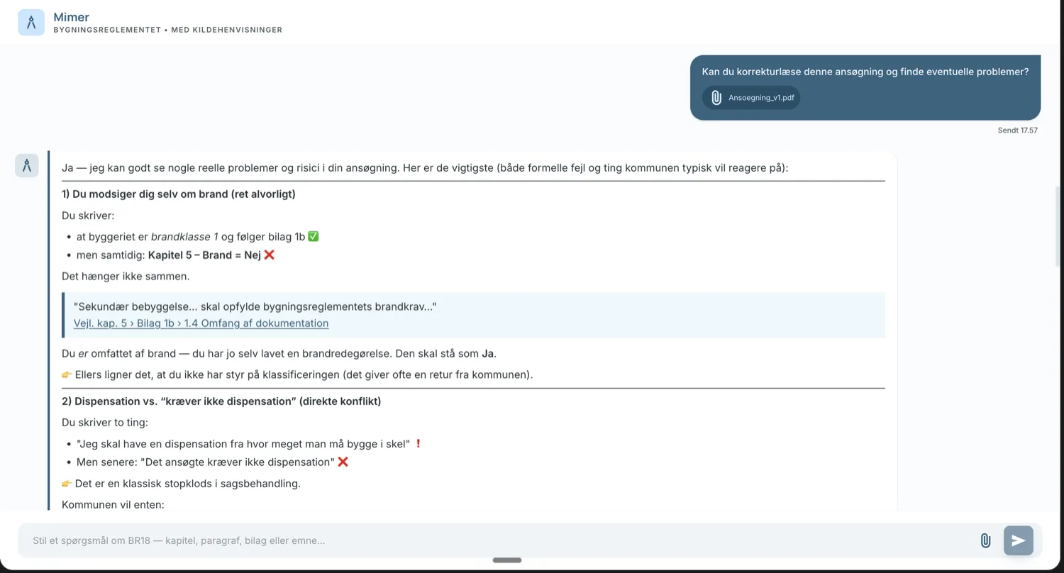 Mimer reviewing an uploaded building application against BR18